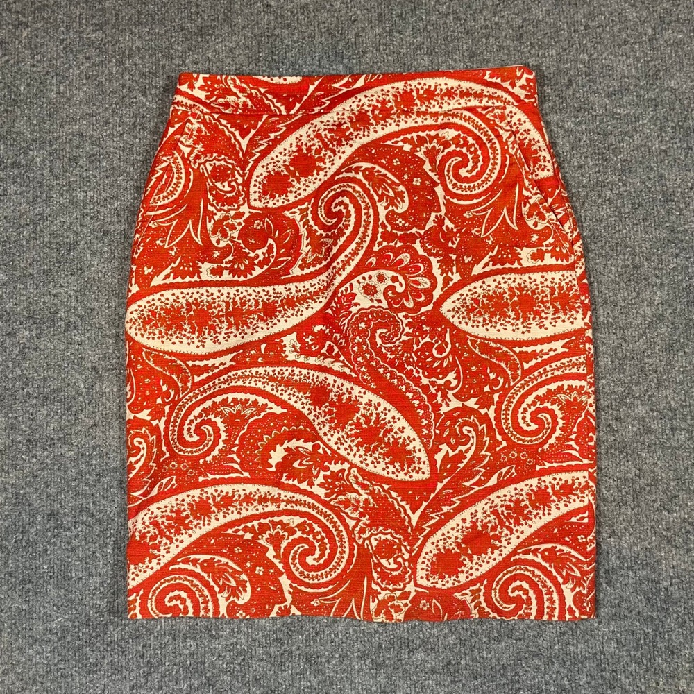 J.Crew Pencil Skirt Womens 2 Burnt Orange Paisley Cotton Bl Knee Length Pockets